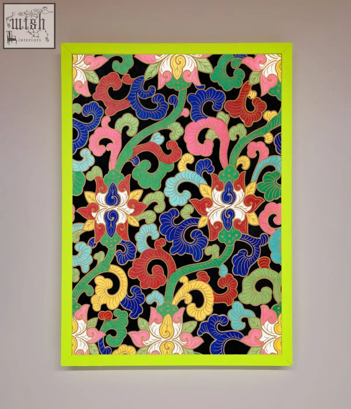 Vintage flower swirls framed wall art with vibrant pink blue green yellow floral swirls on black and lime green border