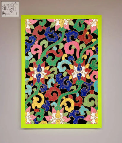 Vintage flower swirls framed wall art with vibrant pink blue green yellow floral swirls on black and lime green border