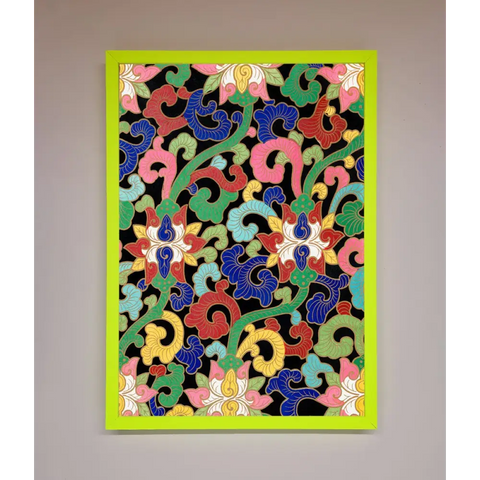 Vintage Flower Swirls Framed Wall Art - B0 (100 x 141 cm) / Neon Green - Framed Print