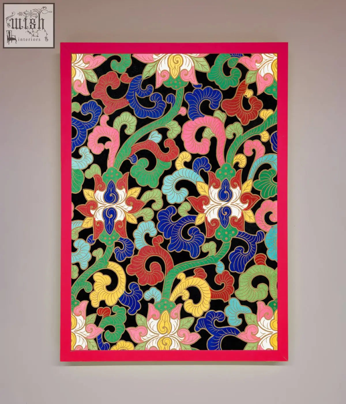 Vintage flower swirls framed wall art with bold red blue green yellow floral swirls on black background and pink border