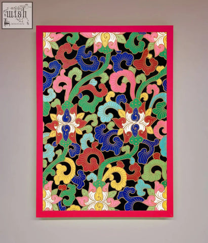 Vintage flower swirls framed wall art with bold red blue green yellow floral swirls on black background and pink border