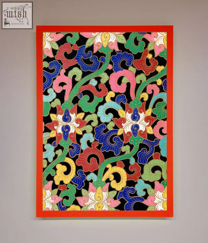 Vintage flower swirls framed wall art with vibrant floral vine patterns in bold colors and an orange border on black background