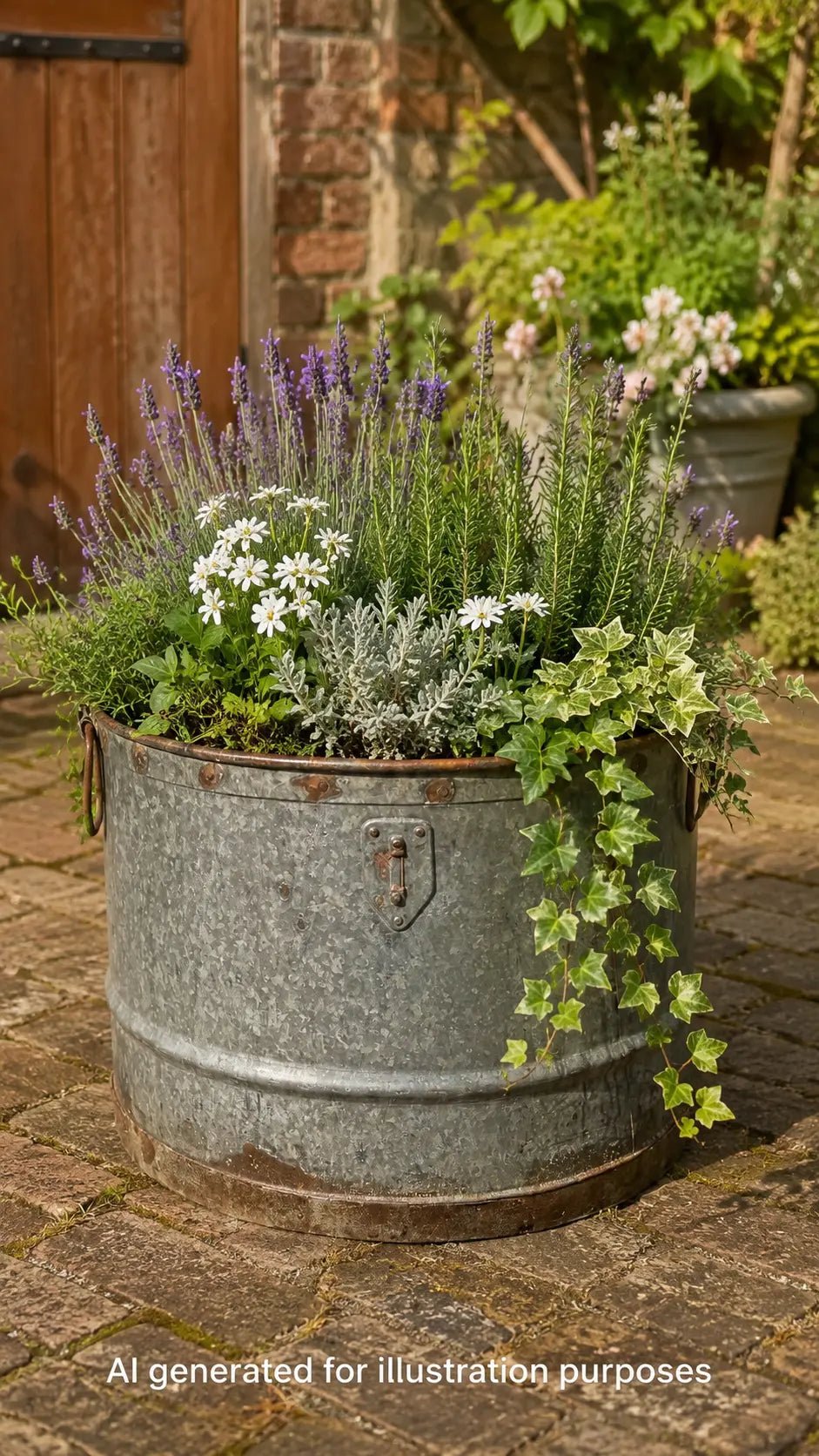 Vintage galvanised metal round garden planter tub with rustic weathered look and visible rivets for outdoor use