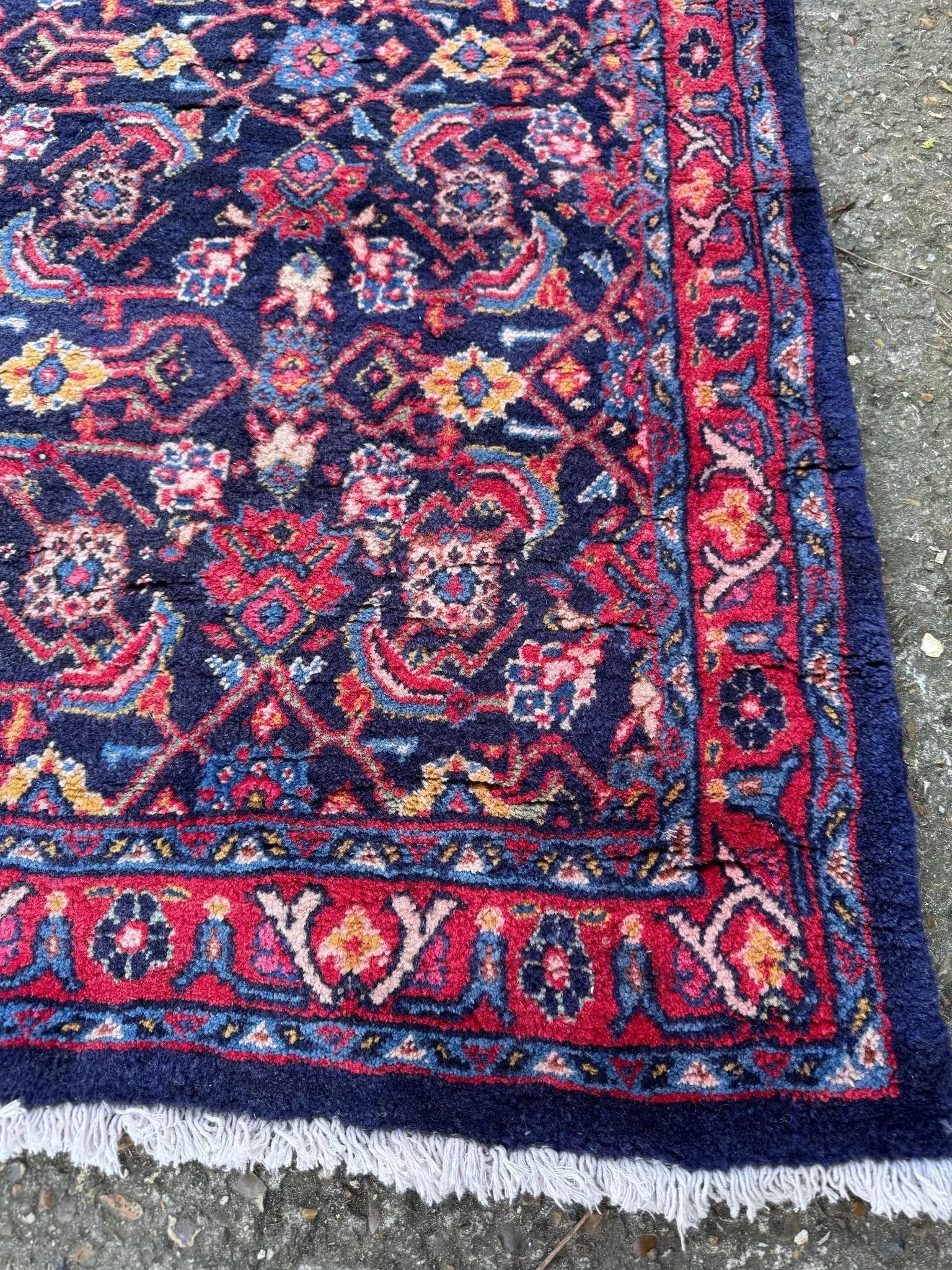 Vintage handmade wool rug arak sourak sarough with deep navy blue red yellow pink floral and geometric designs 300cm x 133cm