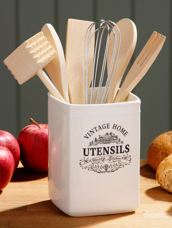 Vintage Home Square Cream Utensil Holder With 6 Utensils