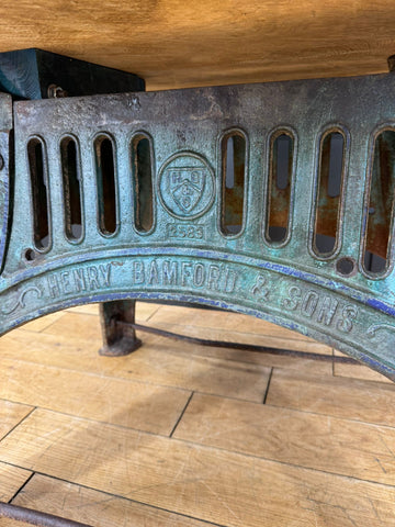 Vintage industrial kitchen dining table island bar maple top with antique cast iron base and henry bamford crest