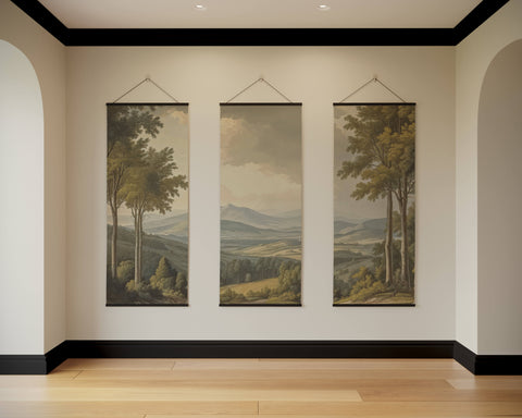 Vintage landscape tapestry showing three vertical muted green brown and gray paintings of trees and rolling hills on white wall