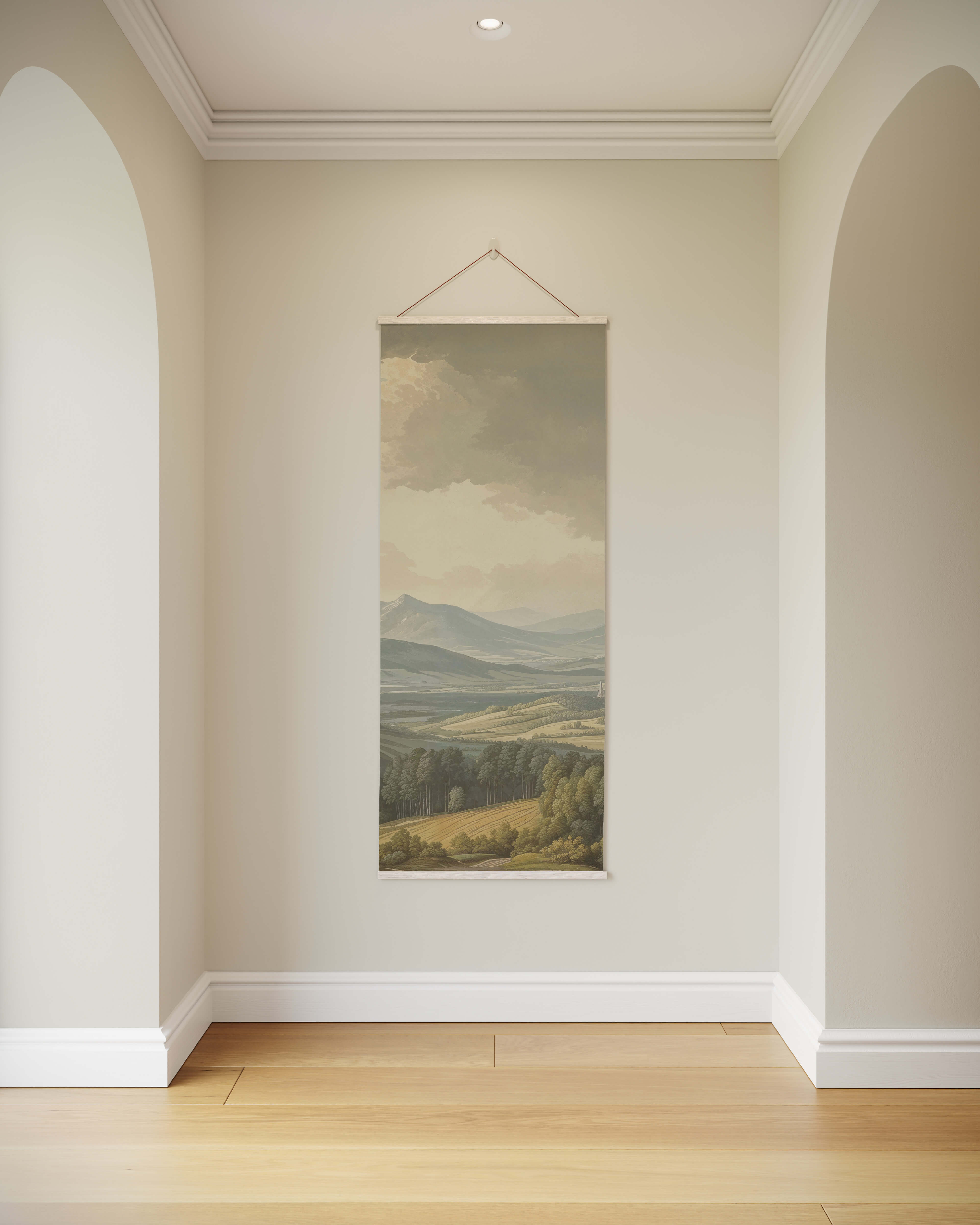 A hanging vintage landscape tapestry canvas print with rolling hills mountains and lush greenery in earthy olive sage tones