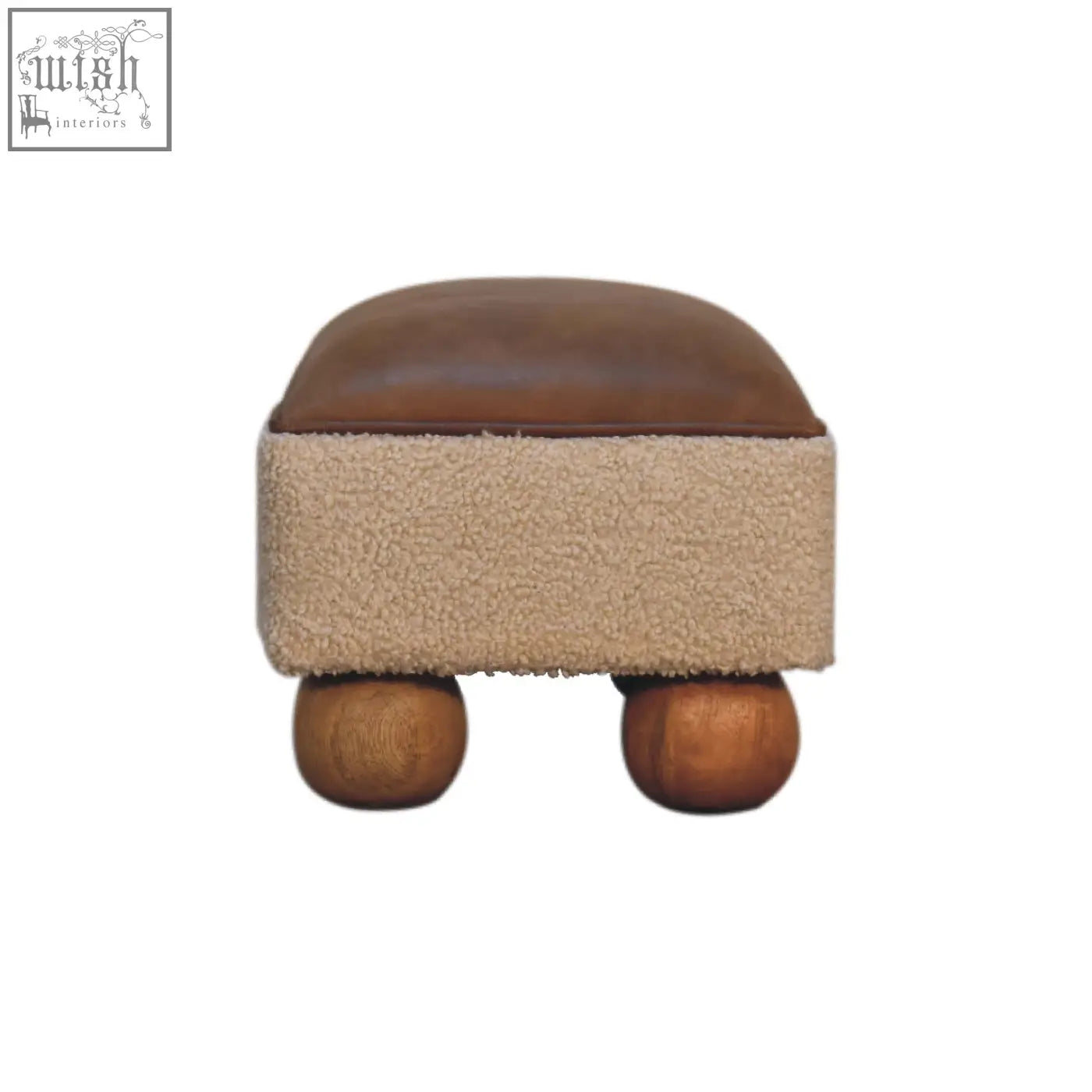 Vintage leather boucle ball footstool with brown leather top beige faux fur sides and solid mango wood ball feet