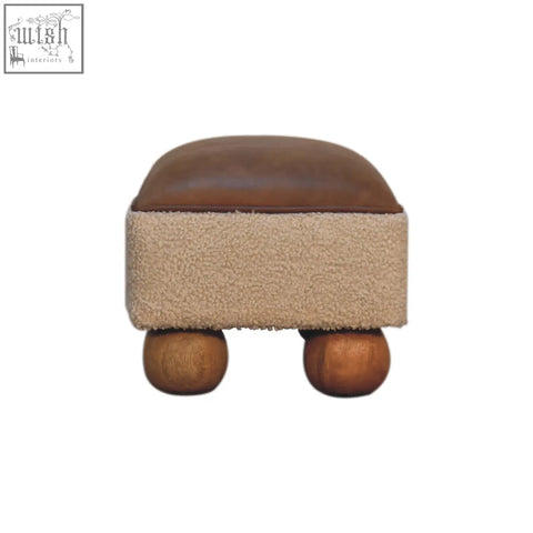 Vintage leather boucle ball footstool with brown leather top beige faux fur sides and solid mango wood ball feet