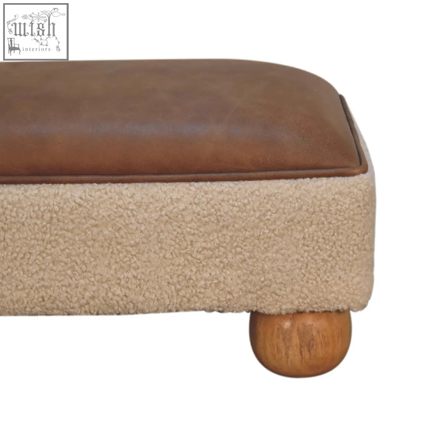 Vintage leather boucle ball footstool with brown leather top beige plush faux fur base and solid mango wood ball feet