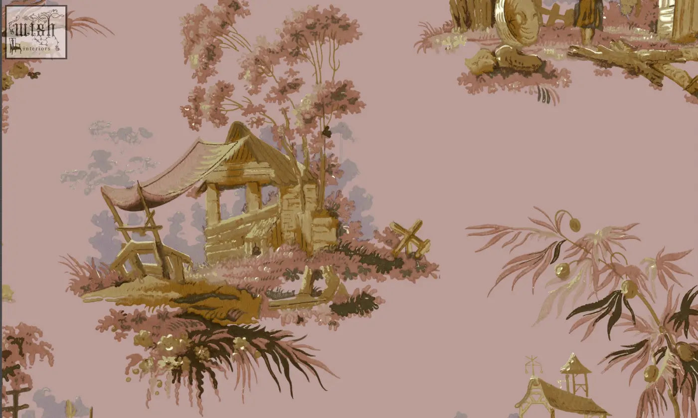 Vintage oriental wallpaper in ice pink with a gold-toned chinoiserie pattern of pagodas and foliage