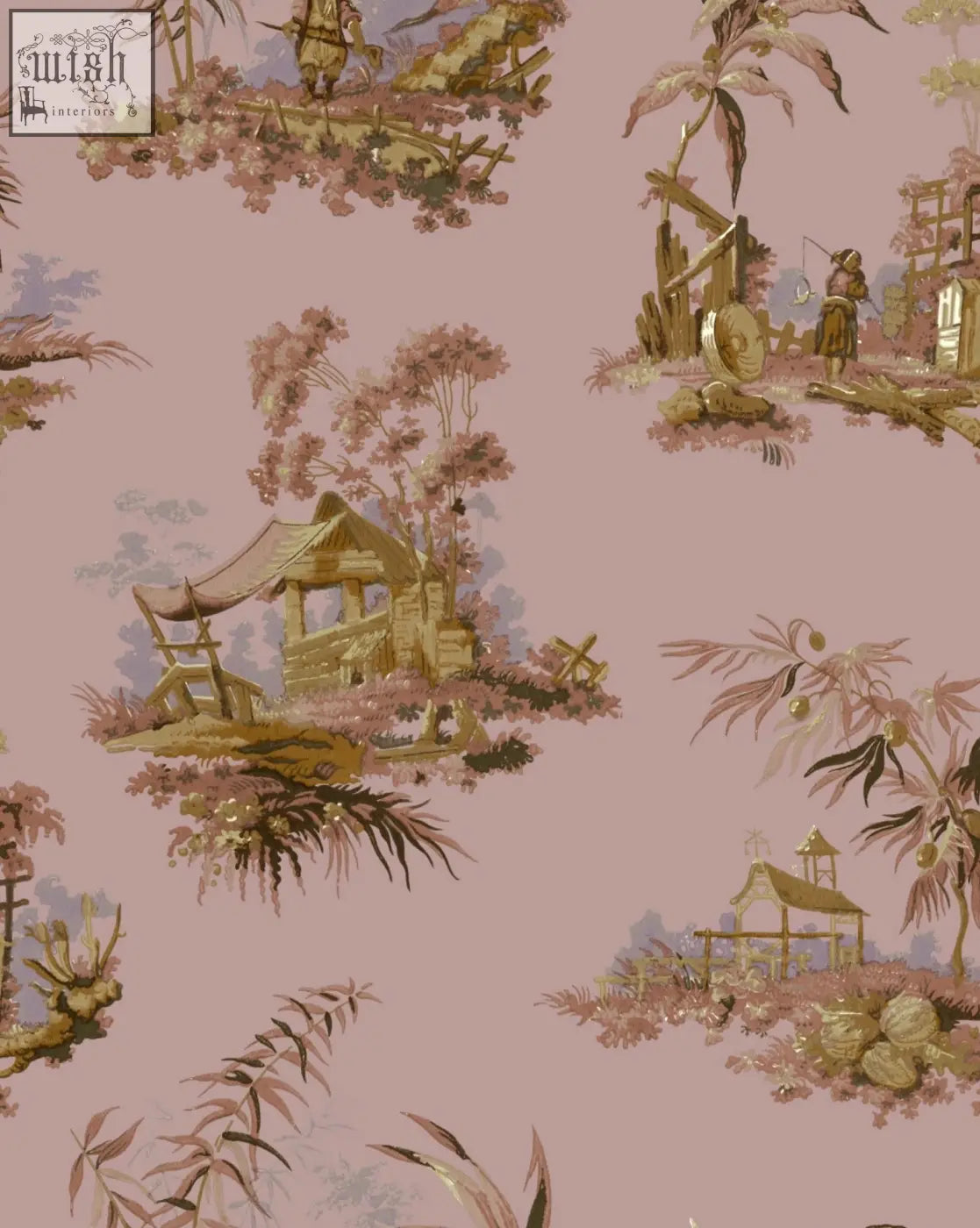 Pink toile vintage oriental wallpaper with delicate sepia pastoral scenes of cottages and foliage for home decor