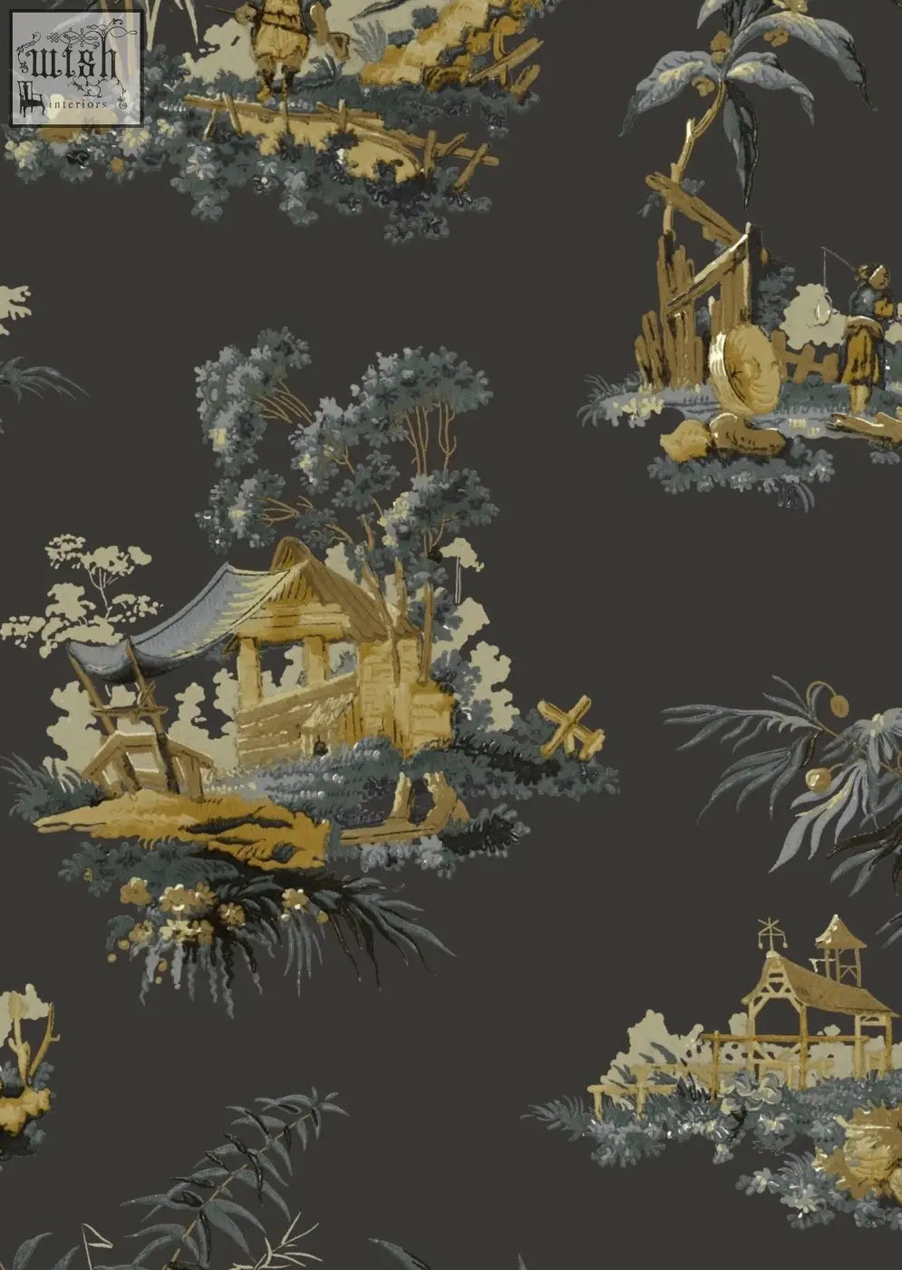 Dark gray vintage oriental wallpaper with gold and muted blue-green toile pattern of asian-inspired pavilions and trees