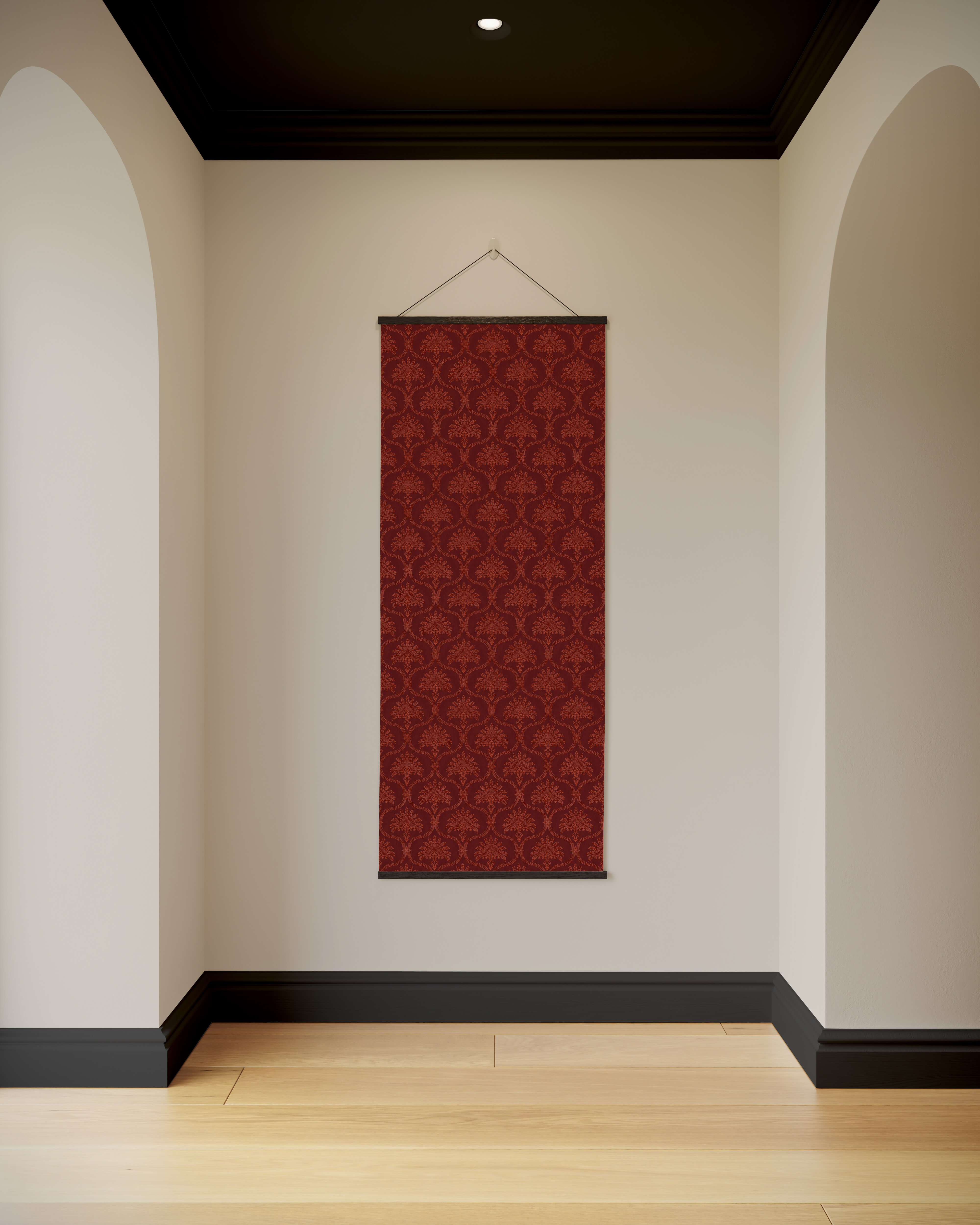 A rich burgundy vintage ornamental tapestry with intricate damask pattern framed by dark wooden trim hanging on a wall