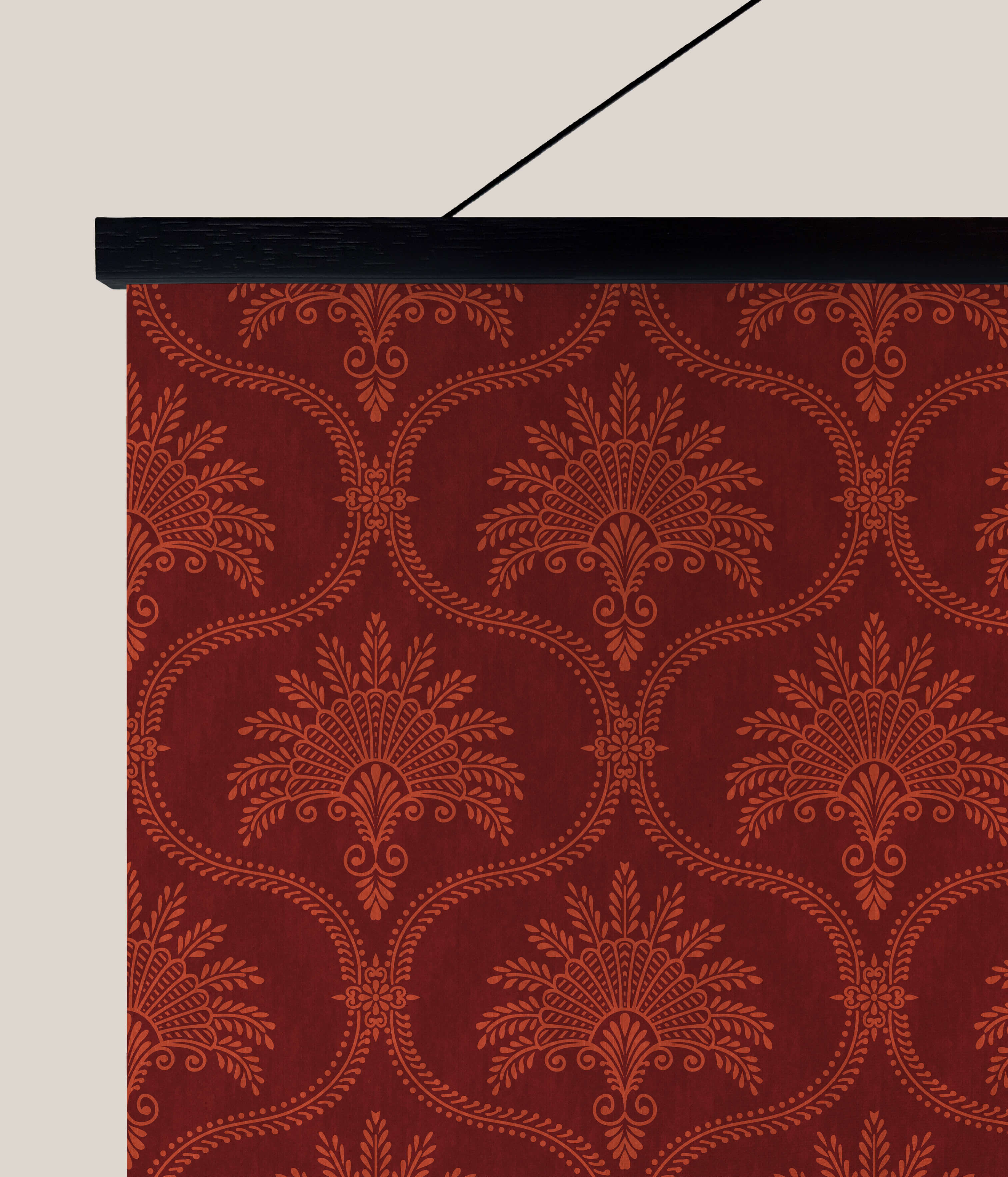 A rich burgundy vintage ornamental tapestry with intricate gold-toned damask patterns wall hanging