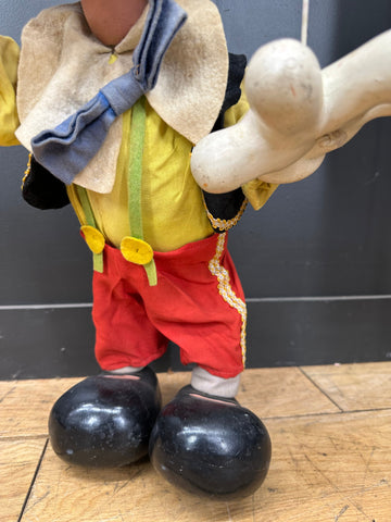 Vintage pelham puppets wooden pinocchio marionette puppet in yellow shirt red shorts with gold trim and black shoes
