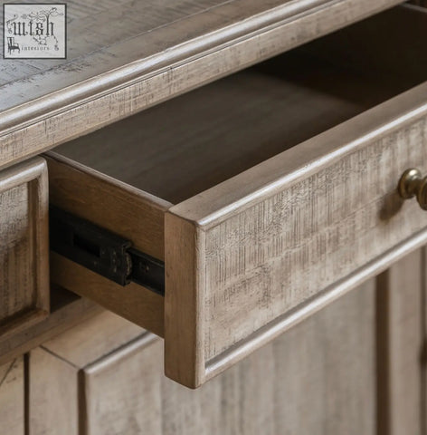 Vintage pine 3 door sideboard with rustic gray distressed finish, brass drawer pull, cross sawn timber, d370 x h485mm, large cupboard space