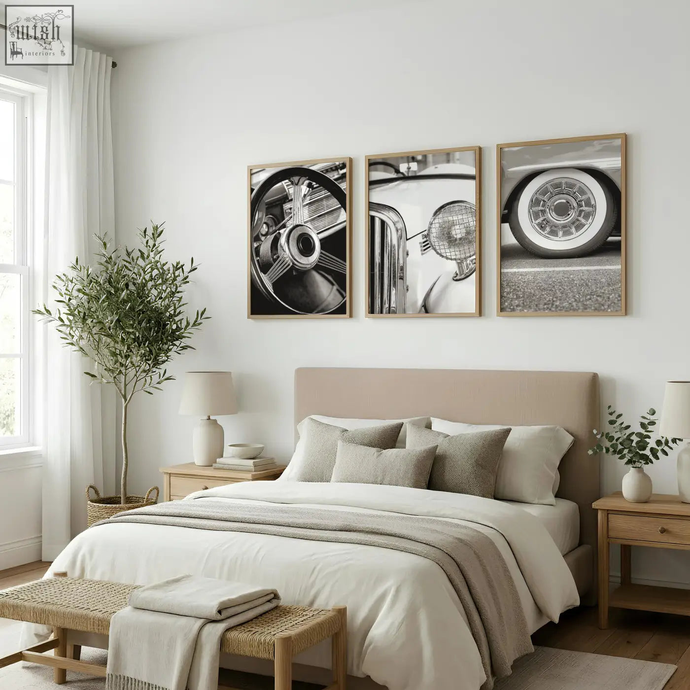 Three framed black and white vintage posters featuring classic car parts as wall art above a bed