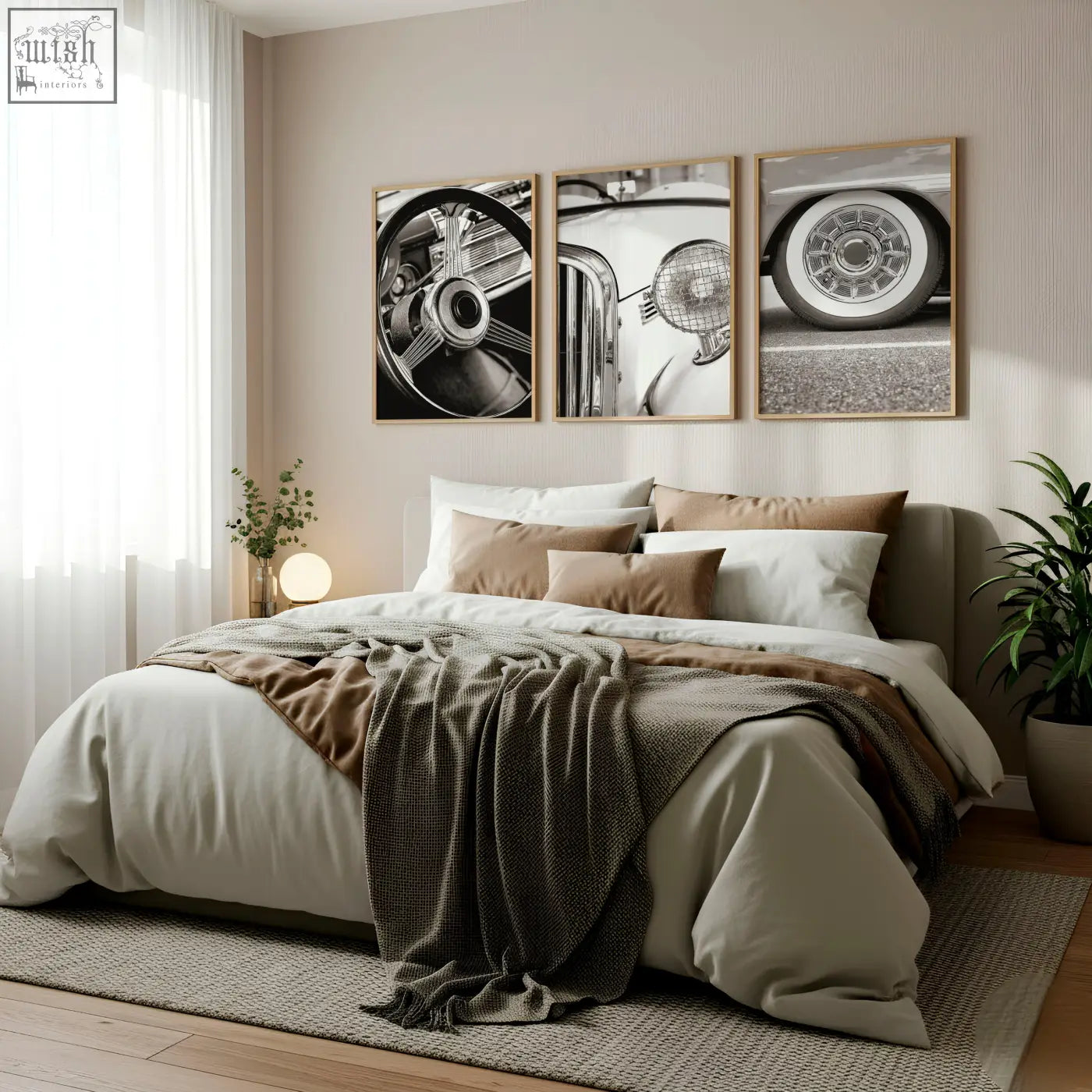 Three framed black and white vintage posters of classic car parts hang as wall art above the bed