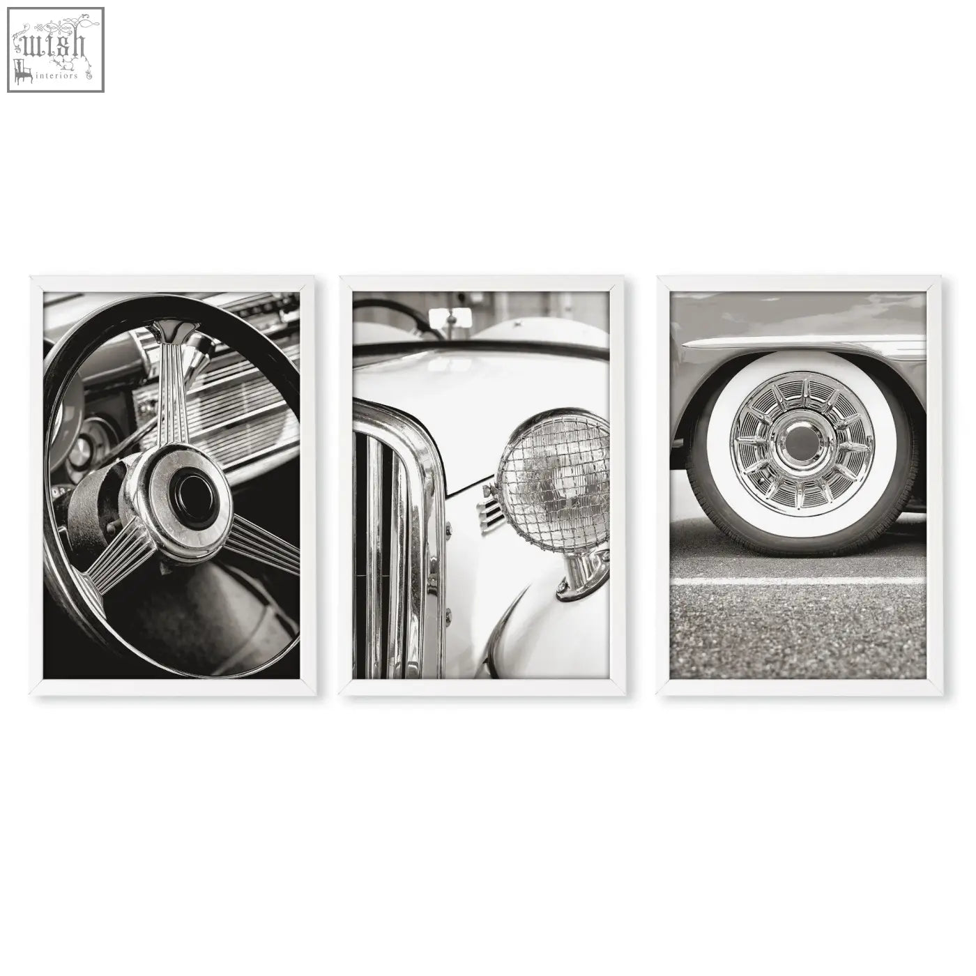 Set of three black and white vintage posters featuring classic car details as wall art prints in frames