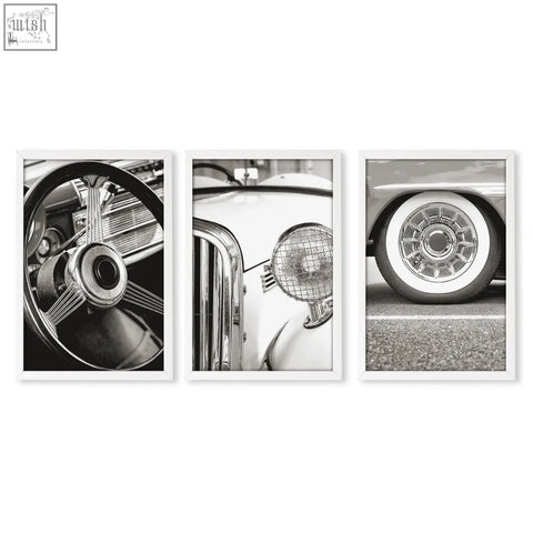 Set of three black and white vintage posters featuring classic car details as wall art prints in frames