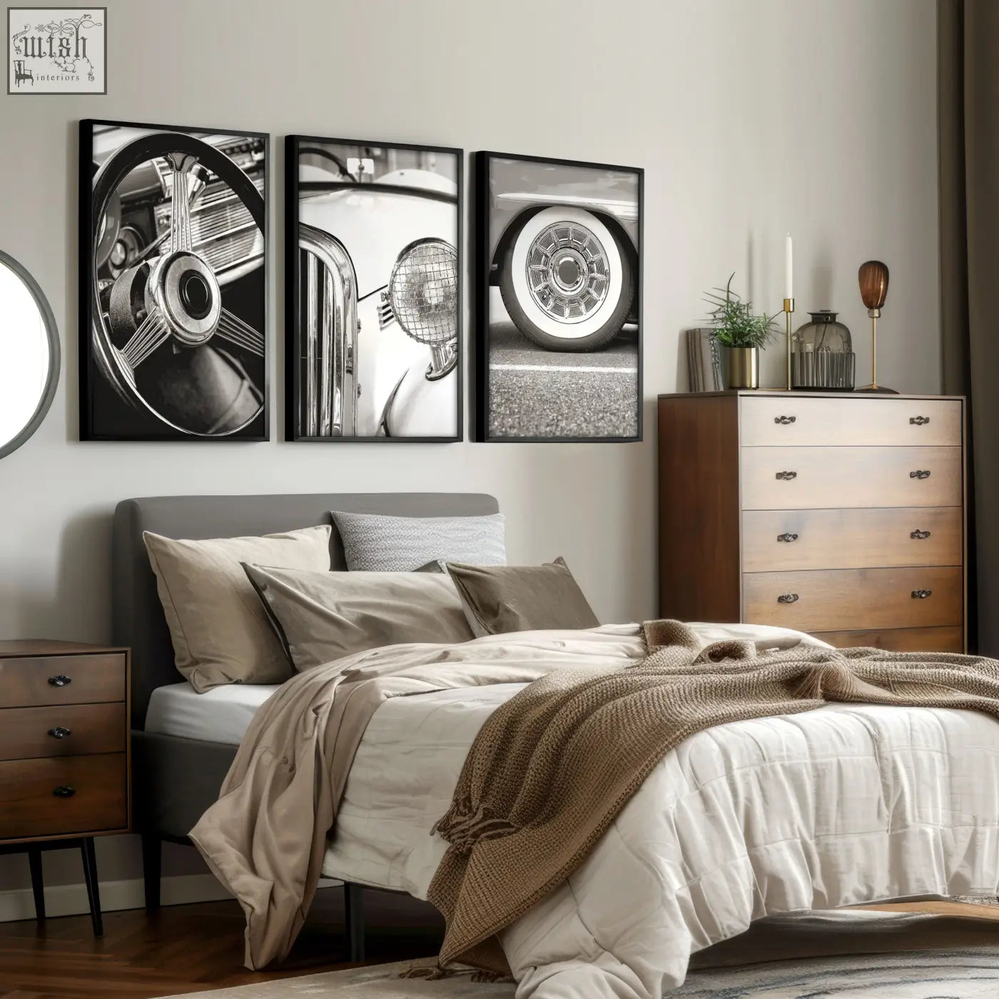Three black and white vintage posters of classic car parts framed as wall art prints hanging above a bed