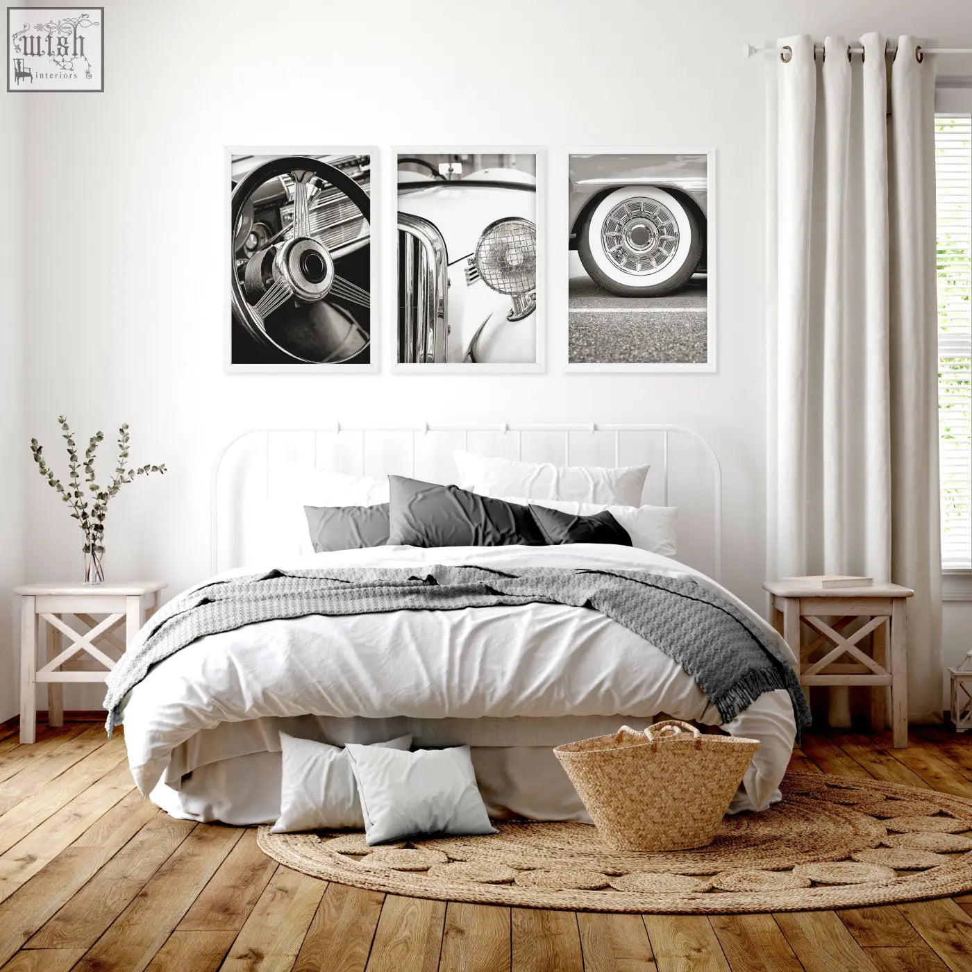 White metal bed frame with curved headboard and footboard paired with classic car vintage posters wall art prints set
