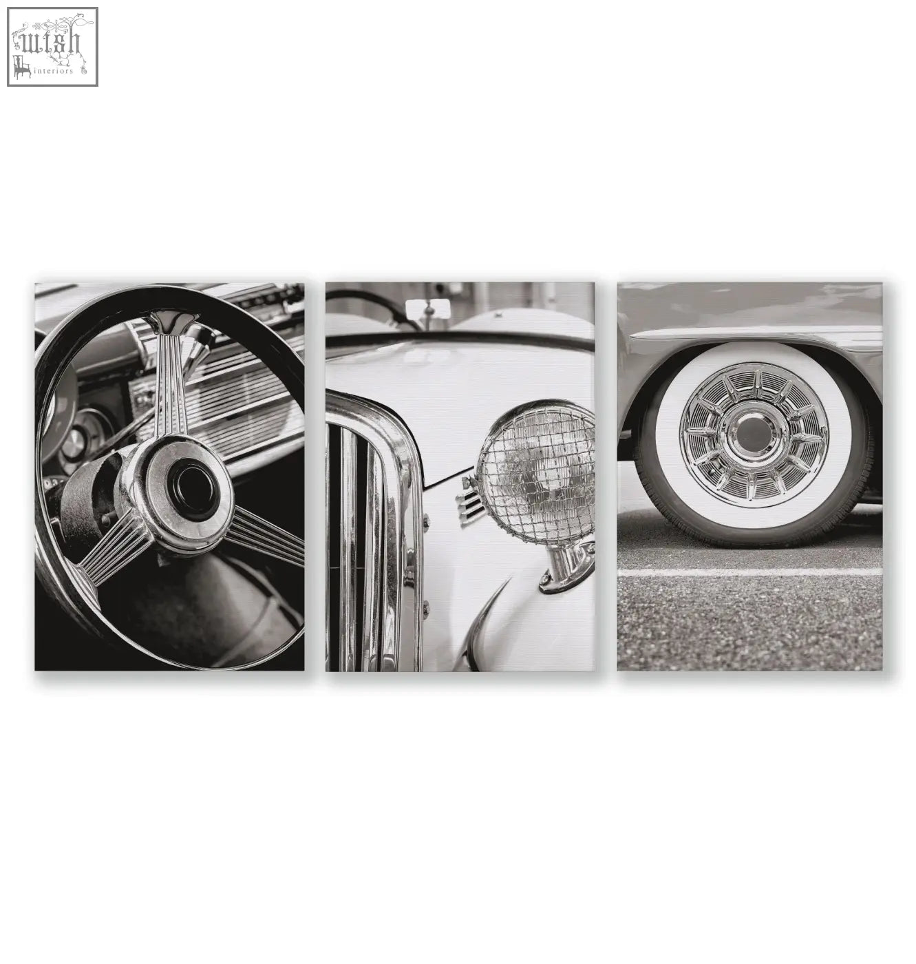 Black and white vintage posters wall art set featuring classic car steering wheel grille and whitewall tire details