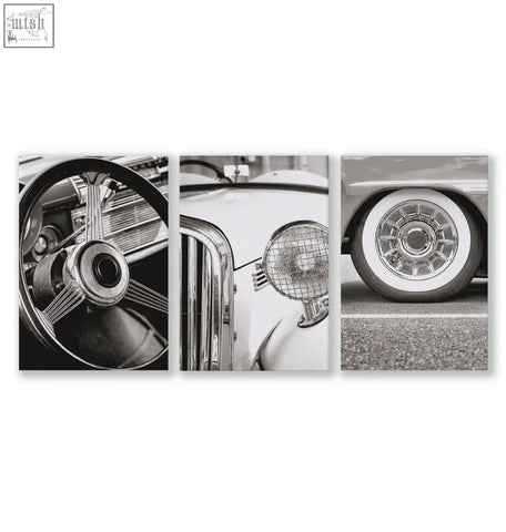 Black and white vintage posters wall art set featuring classic car steering wheel grille and whitewall tire details