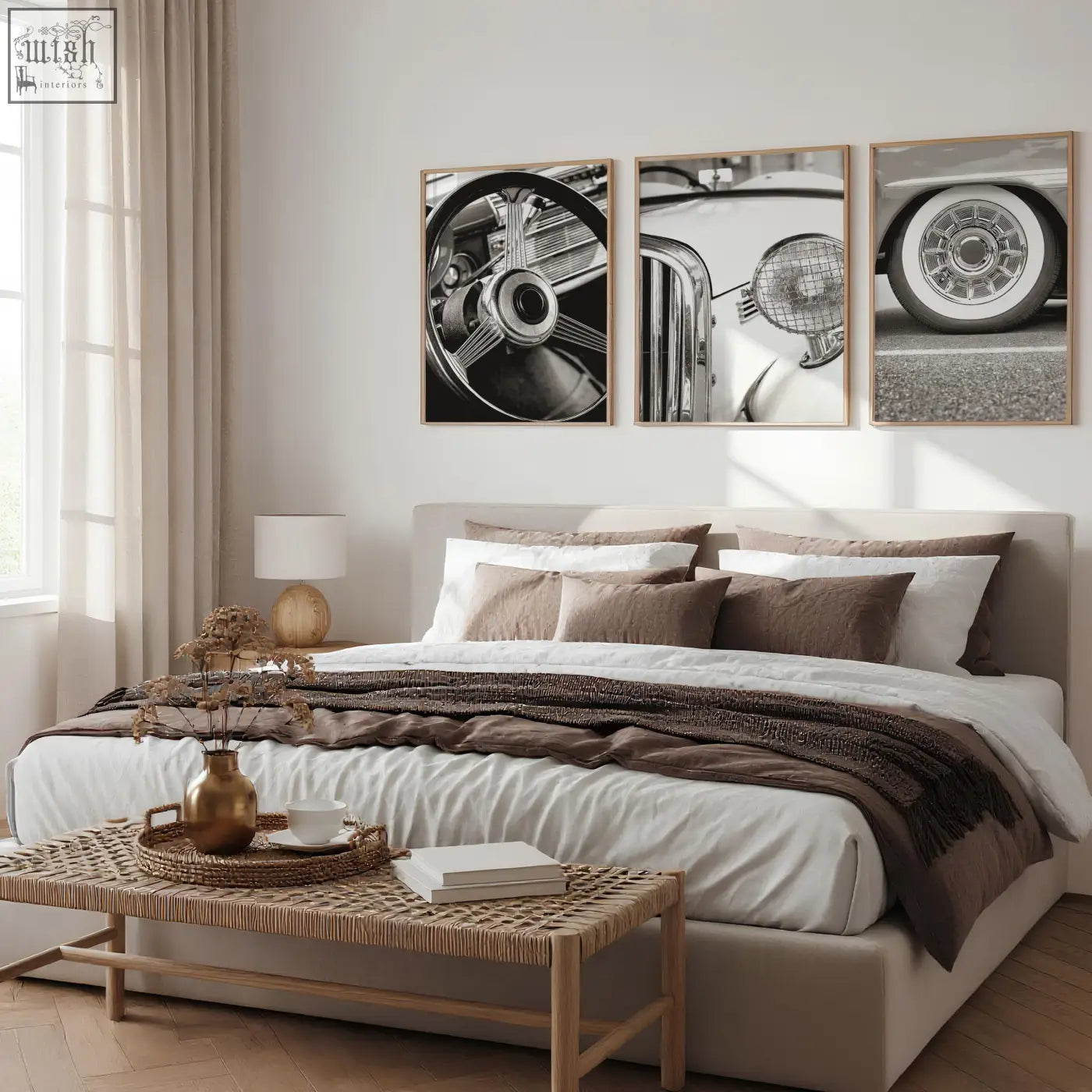 Set of three black and white vintage posters featuring classic car details as wall art photography prints