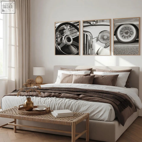 Set of three black and white vintage posters featuring classic car details as wall art photography prints