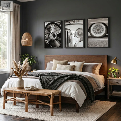 Wooden bed with dark brown finish and neutral pillows shown with vintage posters classic car black and white wall art prints set of 3