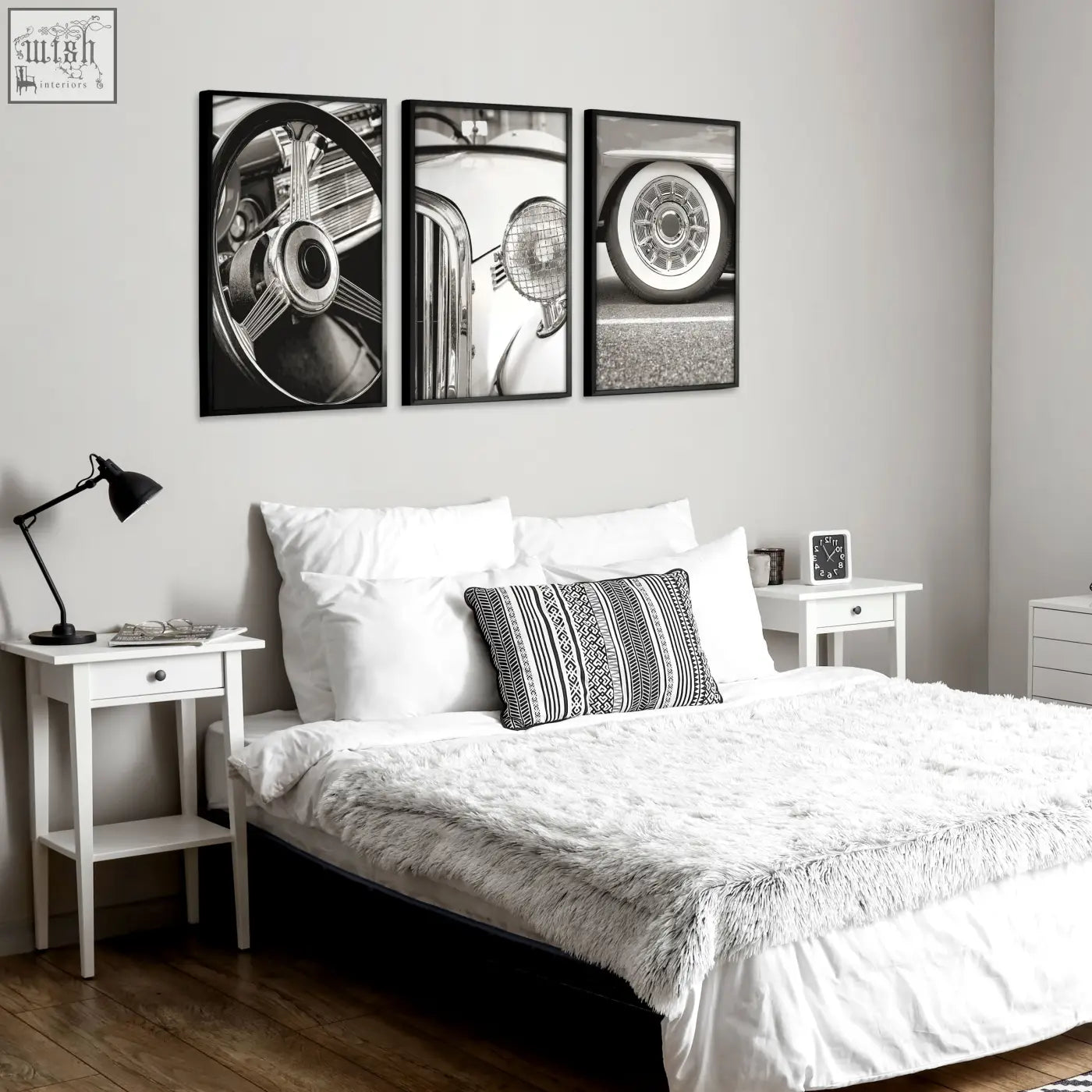 Black-framed black and white vintage posters wall art prints featuring classic car parts in a set of 3 canvases