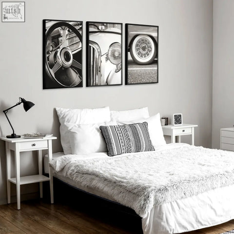 Black-framed black and white vintage posters wall art prints featuring classic car parts in a set of 3 canvases