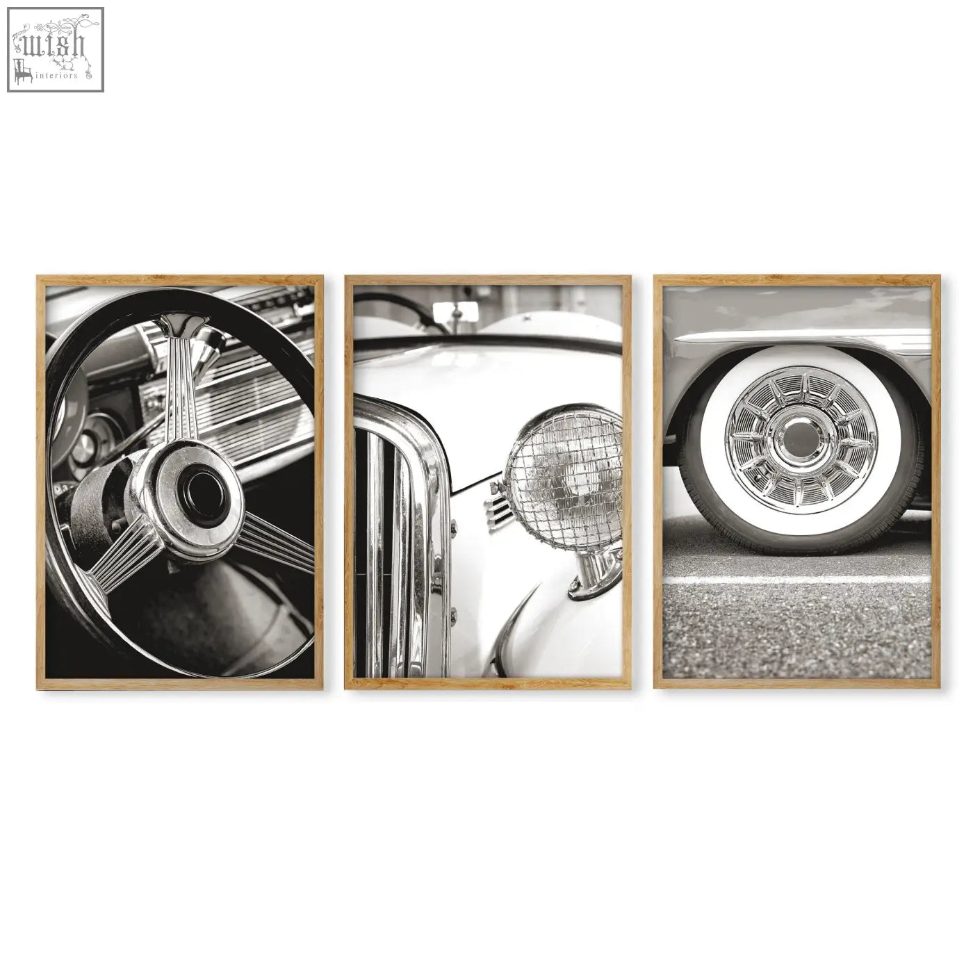 Set of three framed black and white vintage posters featuring classic car details wall art prints for decor