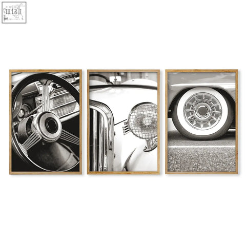 Set of three framed black and white vintage posters featuring classic car details wall art prints for decor