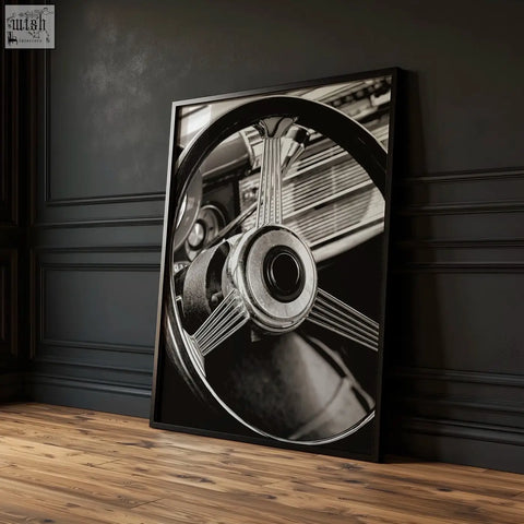 Black framed black and white vintage posters wall art print featuring a classic car steering wheel detail