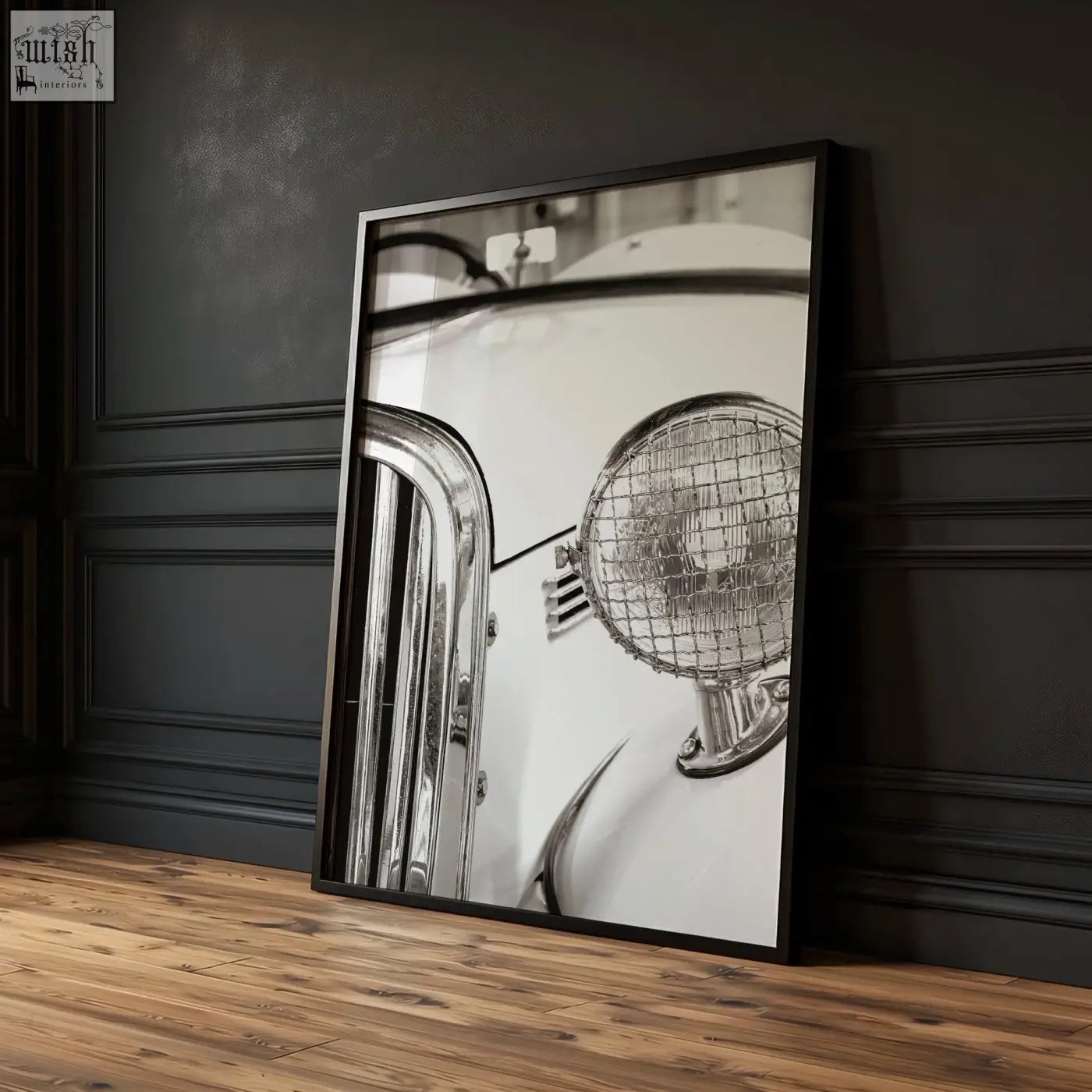 Black-framed vintage posters wall art featuring a classic car black and white front grille and headlight photography print