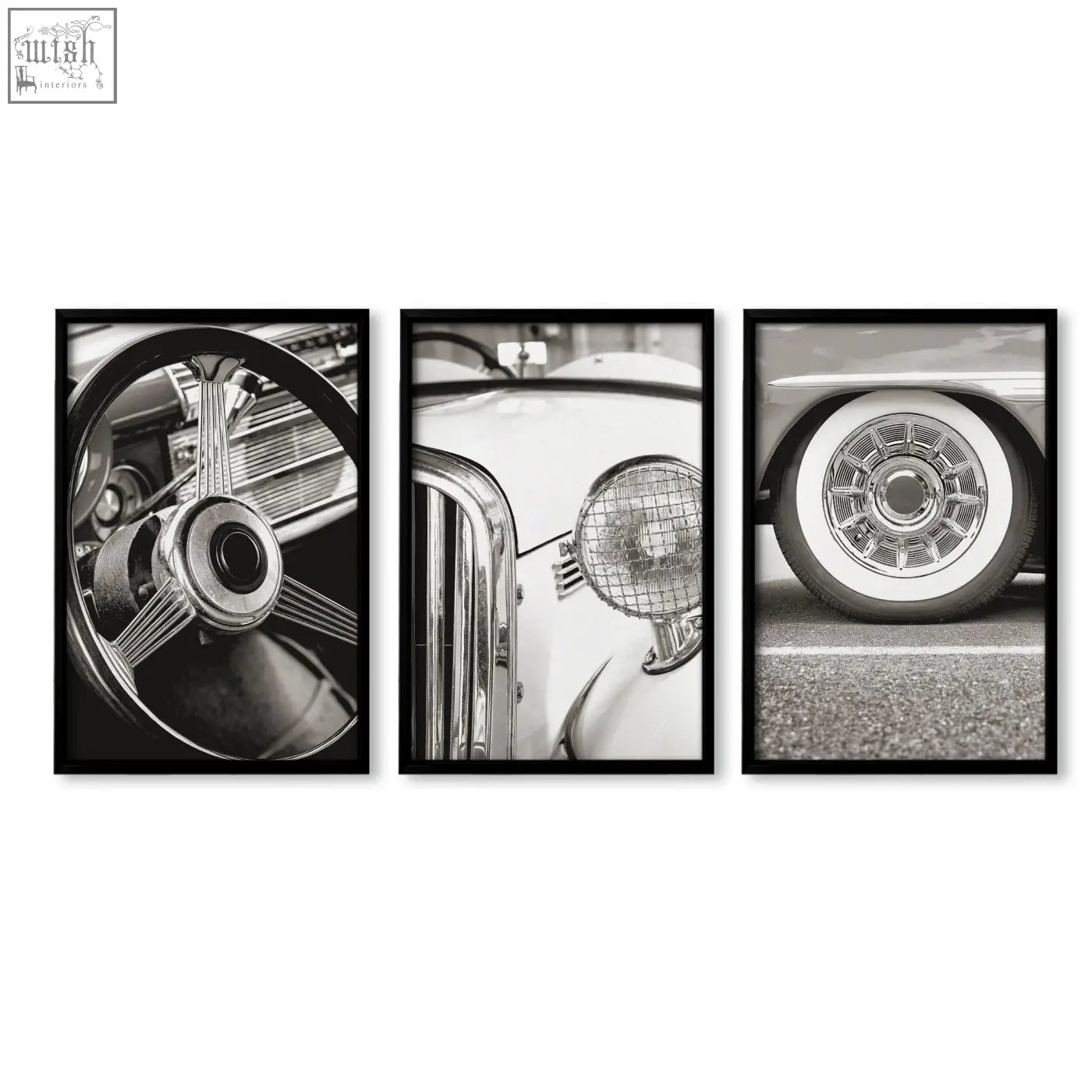 Set of three black-framed vintage posters featuring classic car wall art in monochrome photography prints