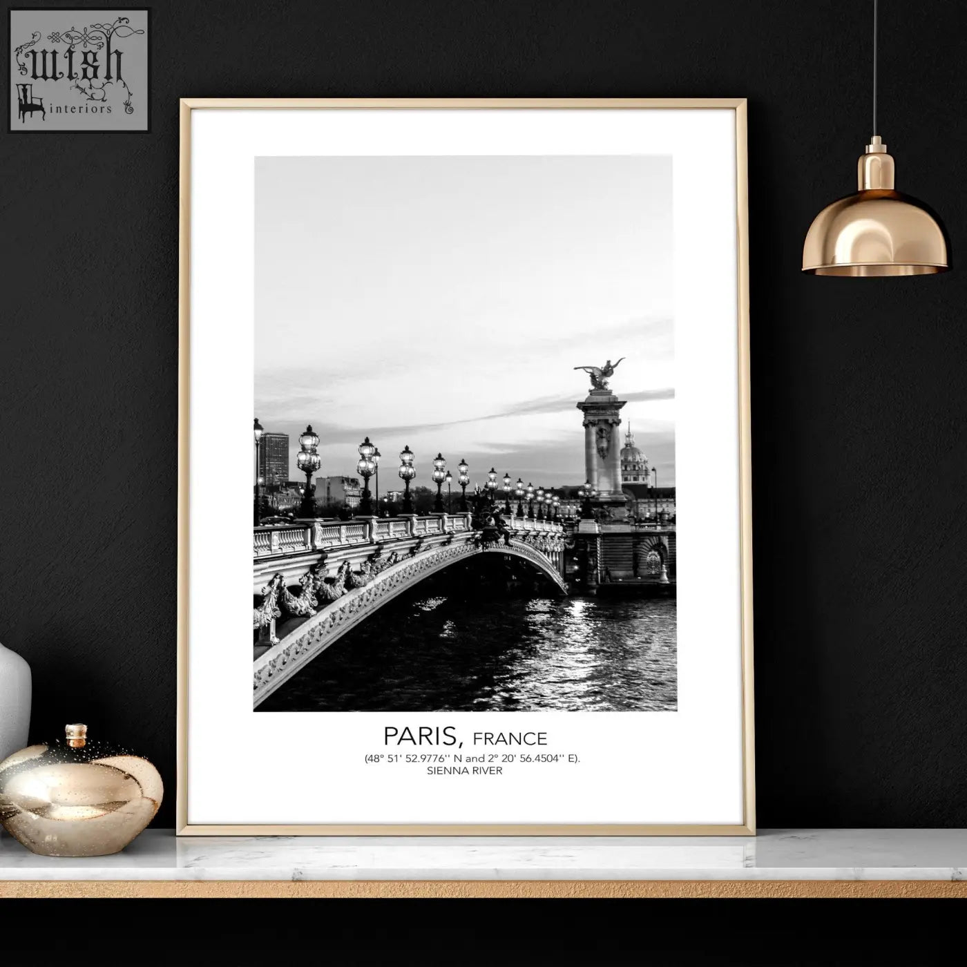 Black and white framed wall art print of pont alexandre iii bridge in paris with gold frame and white matting vintage posters set