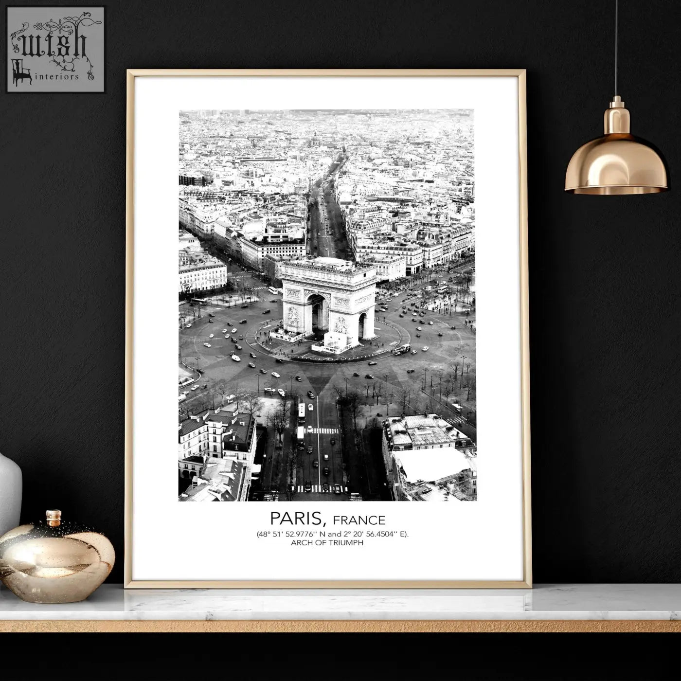 Minimalist black and white paris wall art print featuring arc de triomphe in a gold frame with white matting for vintage decor