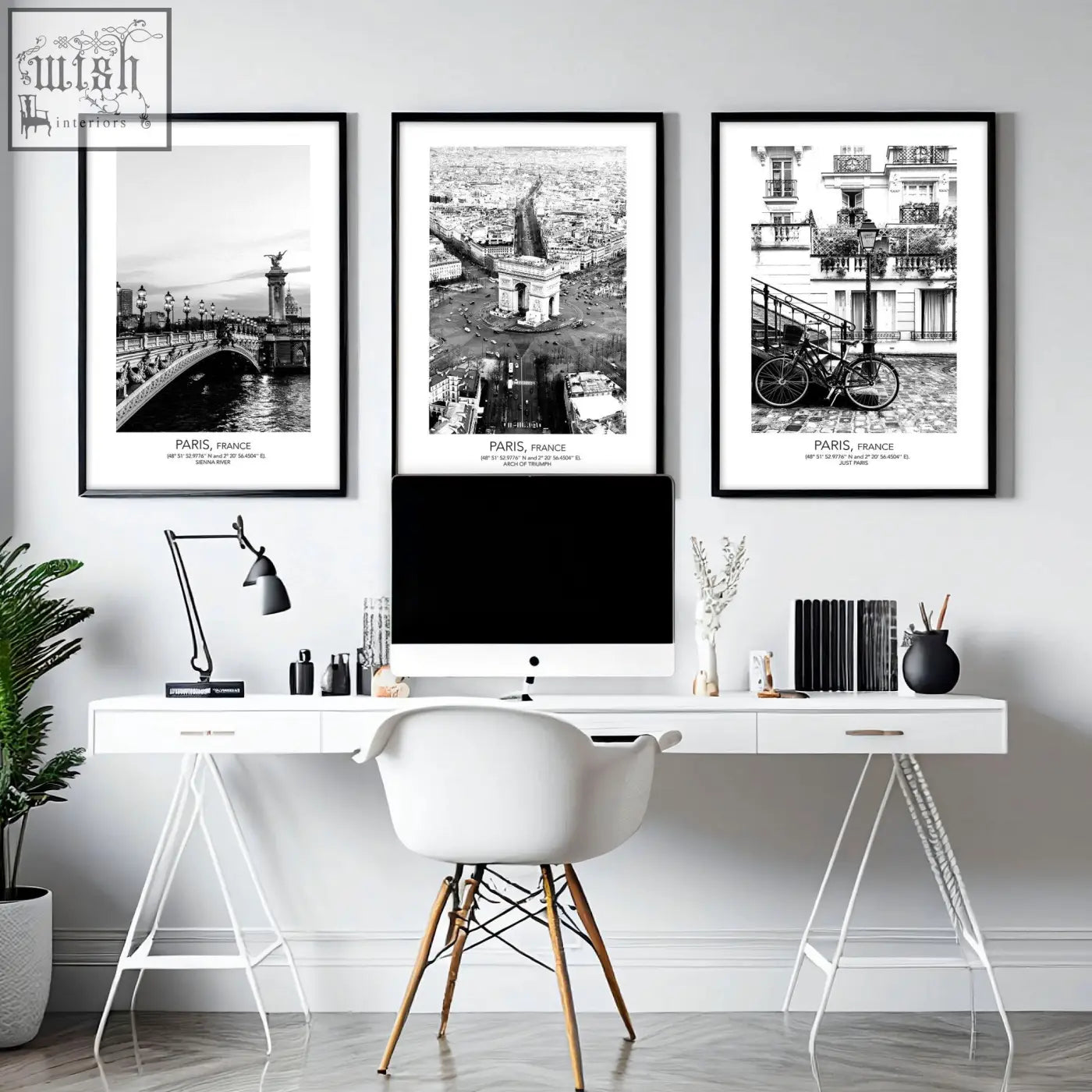 Set of three black and white framed paris cityscape wall art prints perfect vintage travel art prints