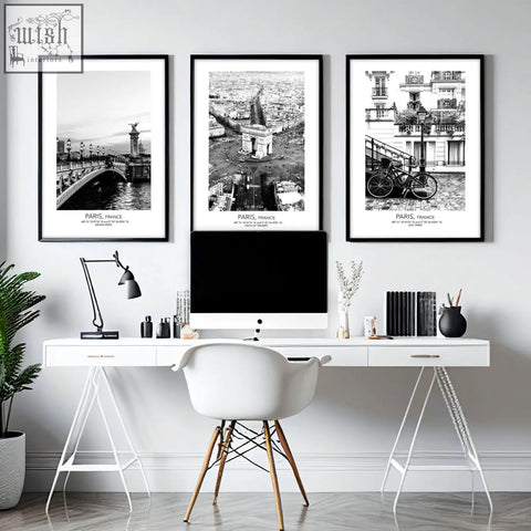 Set of three black and white framed paris cityscape wall art prints perfect vintage travel art prints