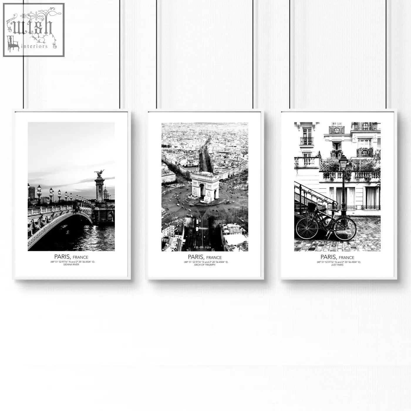 Set of three black and white paris wall art prints with minimalist white borders and wire mounts for vintage travel decor