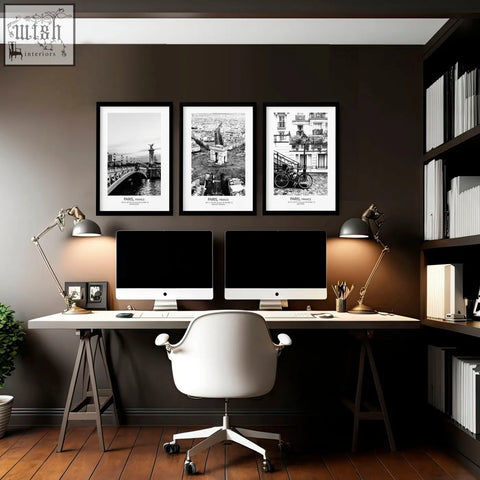 White ergonomic office chair with five caster wheels shown with vintage posters travel wall art prints set of 3 paris