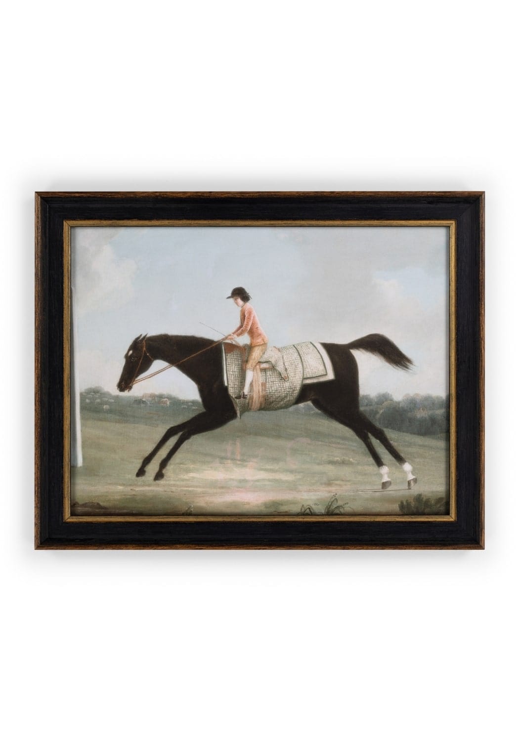 A vintage racing day glory horse print showing a rider on a black horse with white socks in an ornate dark wood frame with gold trim