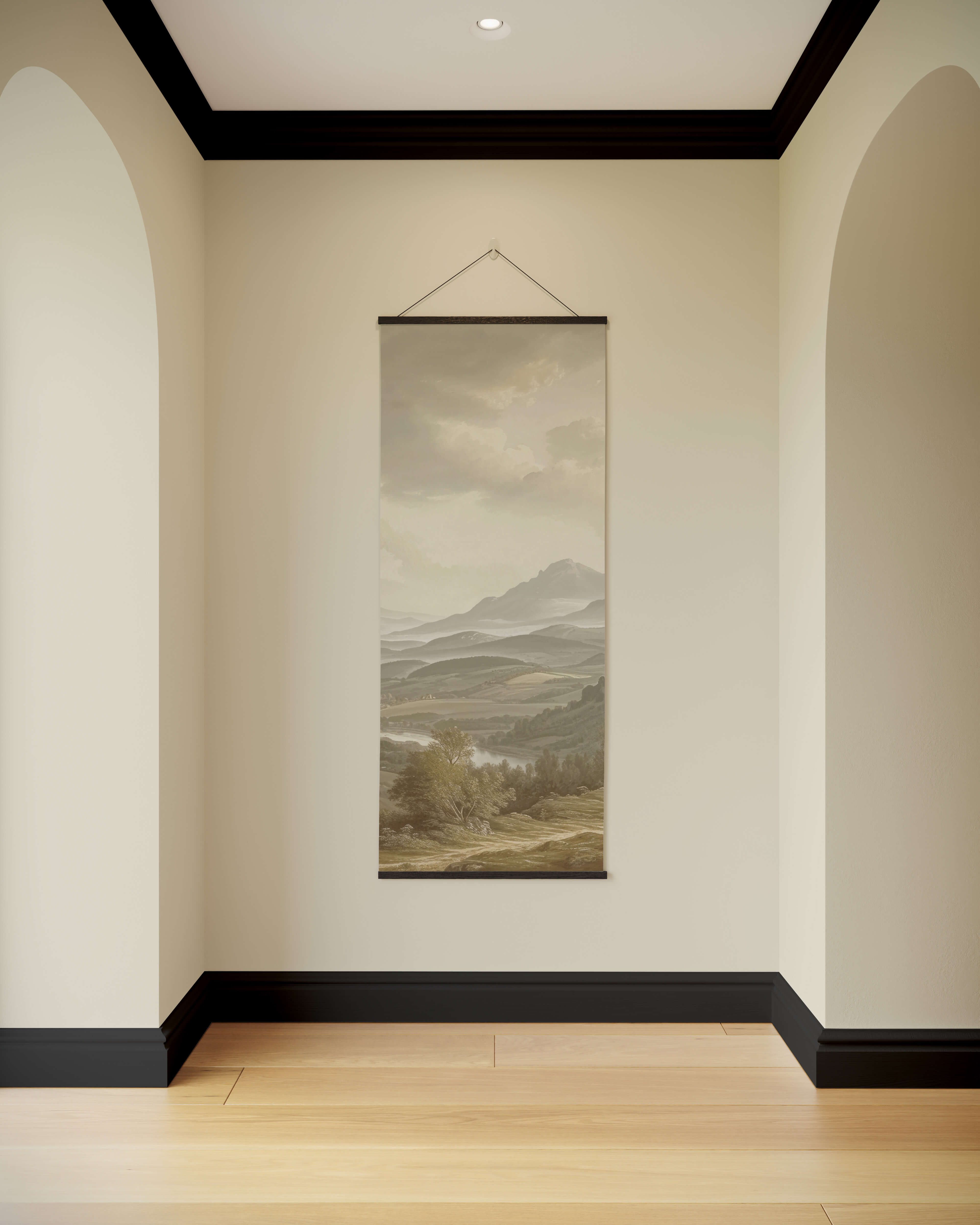 Minimalist vintage river scene tapestry scroll with soft earthy tones and delicate brushstrokes of mountains and trees