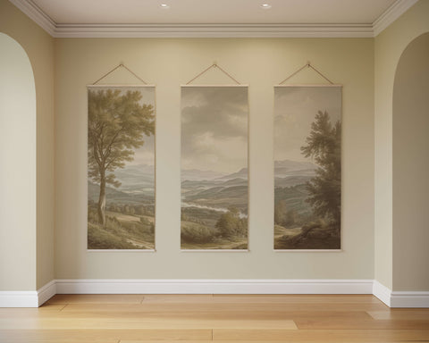 Three elegant vintage river scene tapestries with soft sepia tones and subtle tree silhouettes in vertical layout