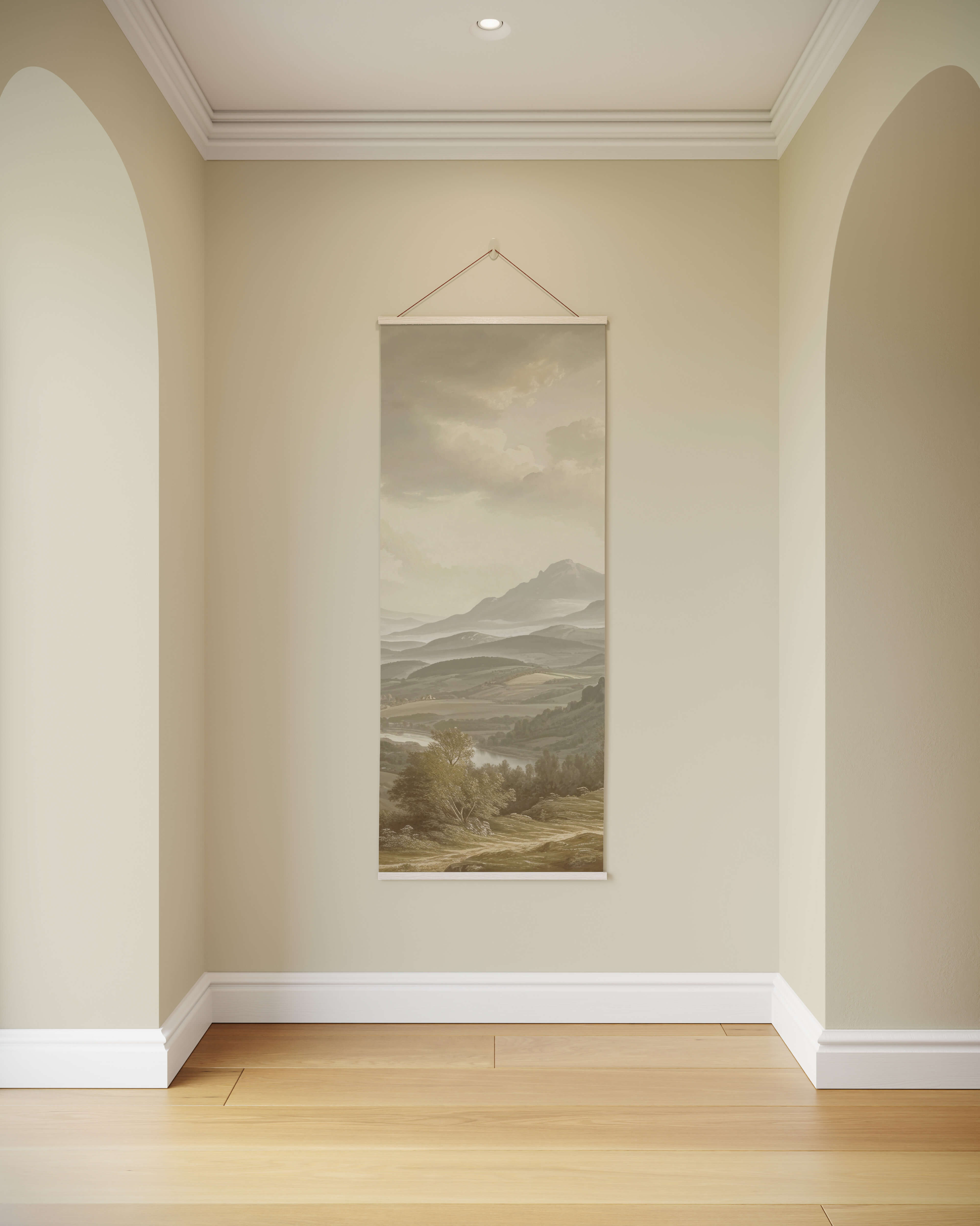A beige toned vintage river scene tapestry with soft muted mountain and foliage imagery framed by a white border